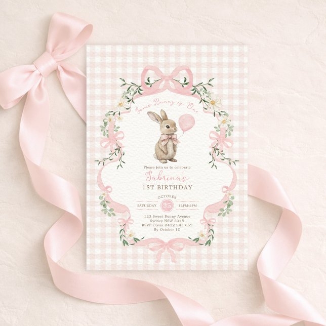 Some Bunny is One Pink Bow Gingham 1st Birthday Invitation (Creator Uploaded)
