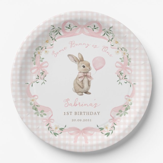 Some Bunny is One: Pink Bow Gingham 1st Birthday Paper Plates (Front)