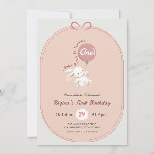 Some Bunny is One Pink Bow Rabbit 1st Birthday Invitation (Front)