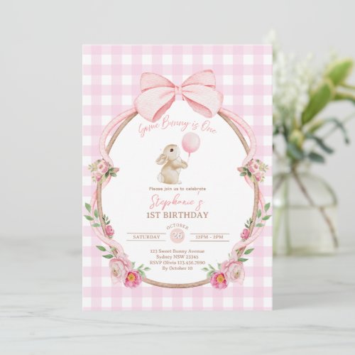 Some Bunny is One: Pink Bow Rabbit First Birthday Invitation