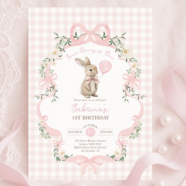 Some Bunny is One: Pink Bow Rabbit First Birthday  Invitation (Creator Uploaded)