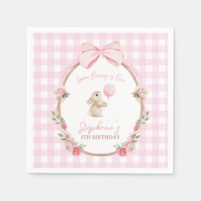 Some Bunny is One Pink Bow Rabbit First Birthday Napkins (Front)