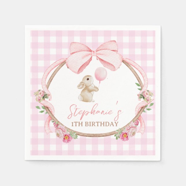 Some Bunny is One Pink Bow Rabbit First Birthday Napkins (Front)