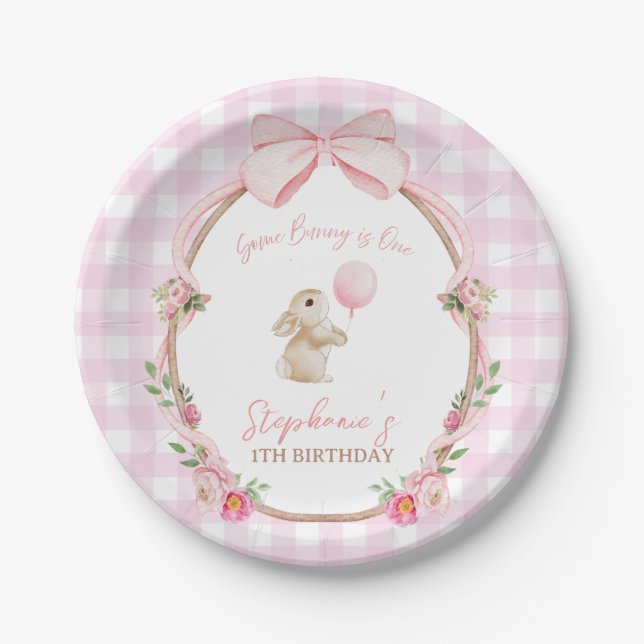 Some Bunny is One Pink Bow Rabbit First Birthday Paper Plates (Front)