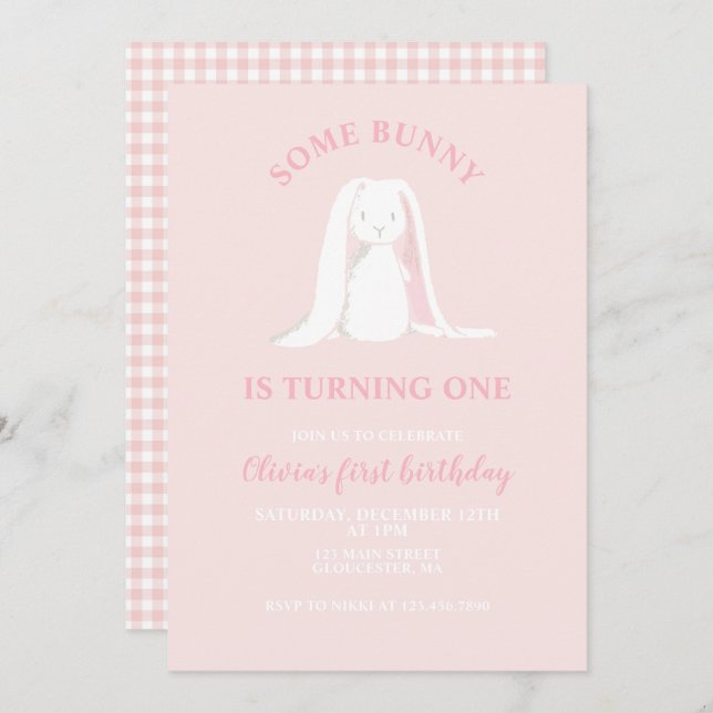 Some Bunny is One Pink First Birthday Invitation (Front/Back)