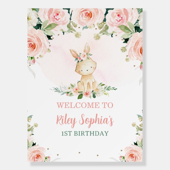 Some Bunny is One Pink Floral Rabbit Party Welcome Foam Board (Front)