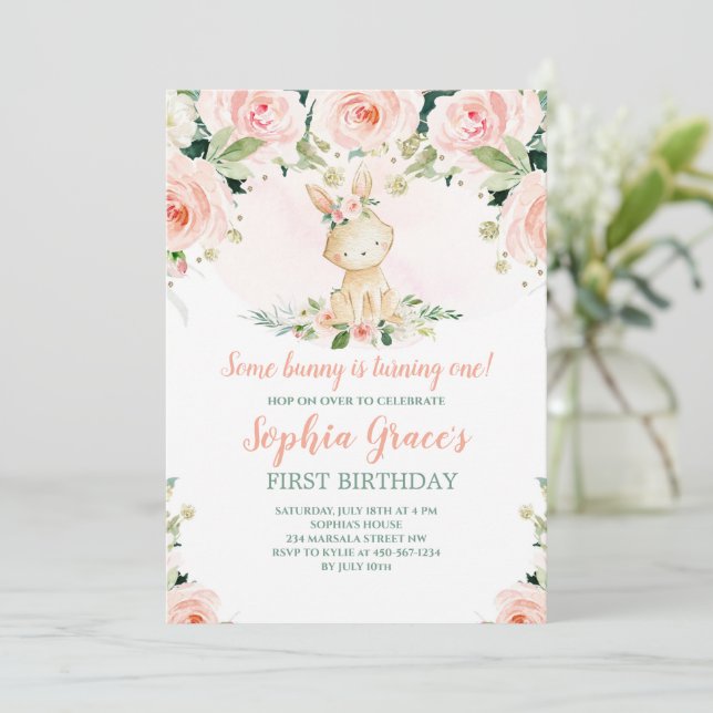 Some Bunny is One Pink Floral Roses 1st Birthday Invitation (Standing Front)