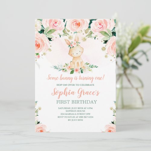 Some Bunny is One Pink Floral Roses 1st Birthday Invitation