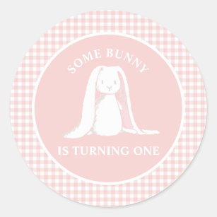 Some Bunny is One Pink Gingham Birthday Paper Plat Classic Round Sticker