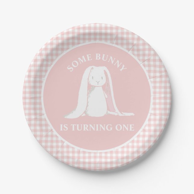 Some Bunny is One Pink Gingham Birthday Paper Plat Plates (Front)