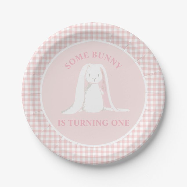 Some Bunny is One Pink Gingham Birthday Paper Plates (Front)