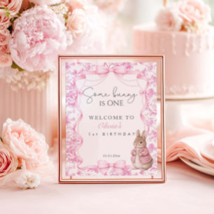 Some Bunny Is One Pink Toile Birthday Welcome Sign