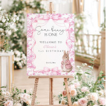 Some Bunny Is One Pink Toile Welcome Sign