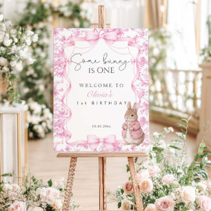 Some Bunny Is One Pink Toile Welcome Sign