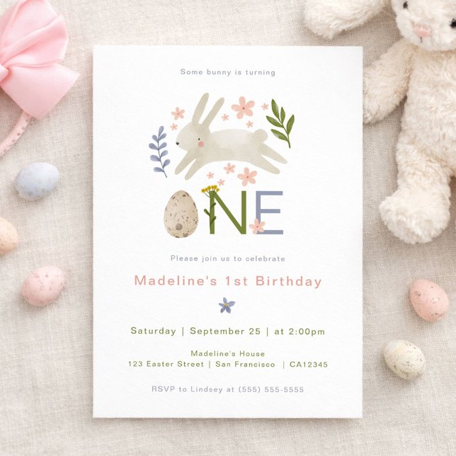 Some Bunny Is One Watercolor Girl's 1st Birthday Invitation (Creator Uploaded)