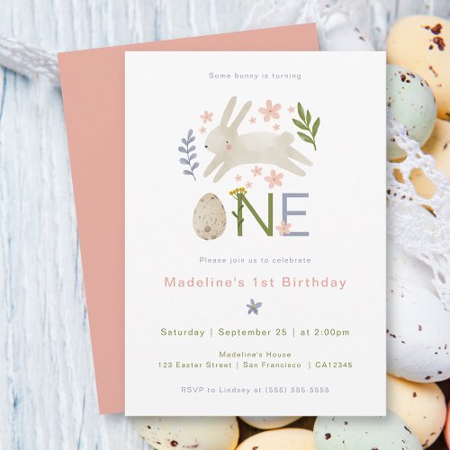 Some Bunny Is One Watercolor Girls 1st Birthday Invitation