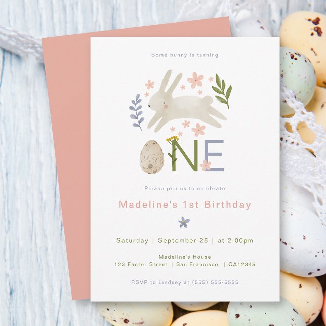 Some Bunny Is One Watercolor Girl's 1st Birthday Invitation (Creator Uploaded)