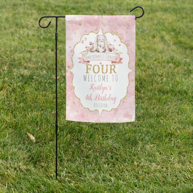 Some Bunny is Turning Four 4th Birthday Welcome Garden Flag (In SItu)