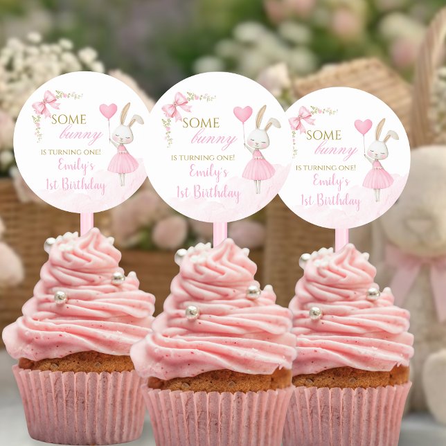 Some Bunny is Turning One 1st Birthday, Bow Topper Classic Round Sticker (Some Bunny is Turning One Cupcake Toppers. Floral bunny 1st birthday round labels.)