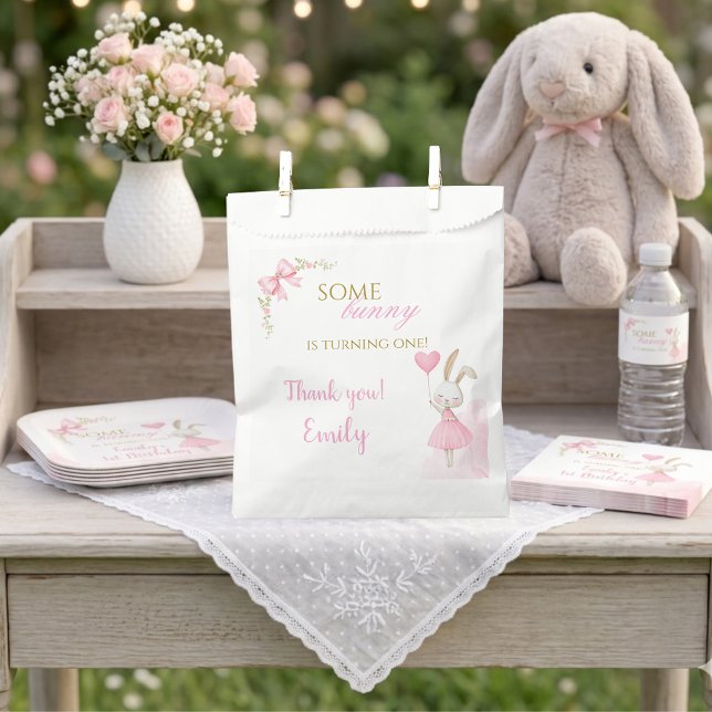 Some Bunny Is Turning One 1st Birthday Girl Bow Favor Bag (Bunny 1st Birthday Favor Bags. Some Bunny is Turning One floral treat bags for party gifts.)