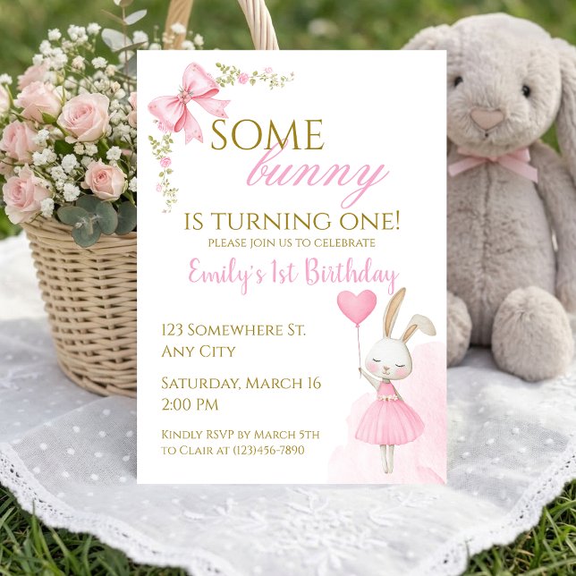 Some Bunny Is Turning One, 1st Birthday Girl Bow Invitation (Some Bunny is Turning One 1st Birthday Invitation. Floral pink bunny theme, easy to edit.)