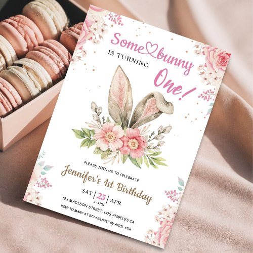 Some Bunny is Turning ONE 1st Birthday Girl Pink  Invitation