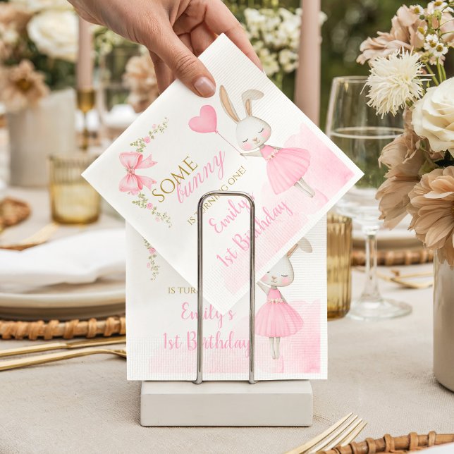 Some Bunny is Turning One 1st Birthday, pink bow  Napkins (Bunny 1st Birthday Paper Napkins. Some Bunny is Turning One elegant pink floral party supplies.)