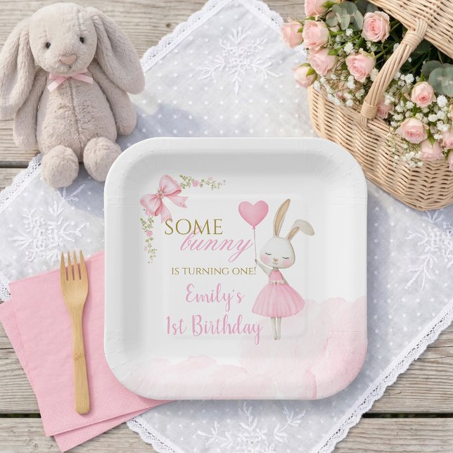 Some Bunny is Turning One 1st Birthday, Pink Bow Paper Plates (Some Bunny is Turning One Paper Plates. High-quality bunny 1st birthday floral dinnerware.)