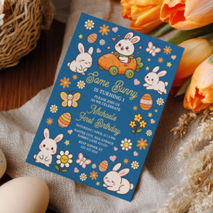 Some Bunny is Turning One Blue Easter Birthday Invitation