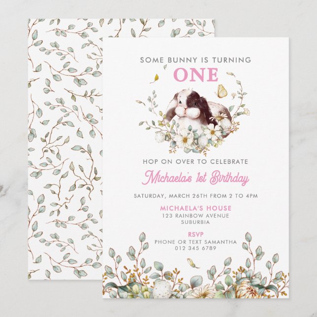 Some Bunny Is Turning One Girl's 1st Birthday Invitation (Front/Back)