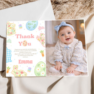 Some Bunny is Turning One Pastel Birthday Photo Thank You Card