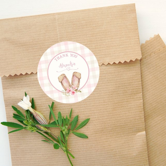 Some Bunny Is Turning One Pink Girl Classic Round Sticker (Cute Bunny 1st Girl Birthday Party Favor Stickers. Pink pastels watercolors with florals.)