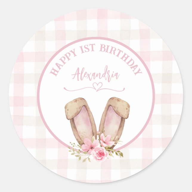 Some Bunny Is Turning One Pink Girl Classic Round Sticker (Front)