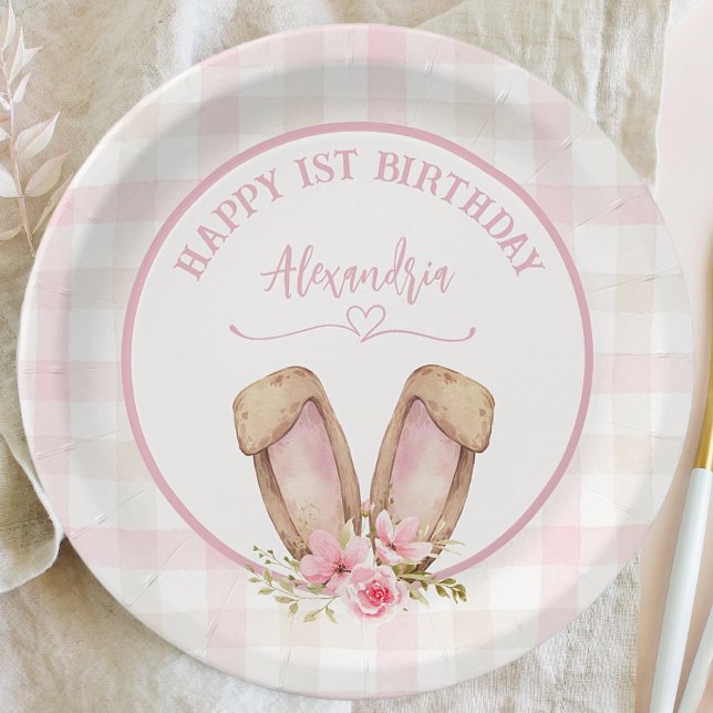 Some Bunny Is Turning One Pink Girl Paper Plates (Cute Bunny Florals 1st Girl Birthday Party Paper Plates. Easy to personalize Birthday girl's name.)