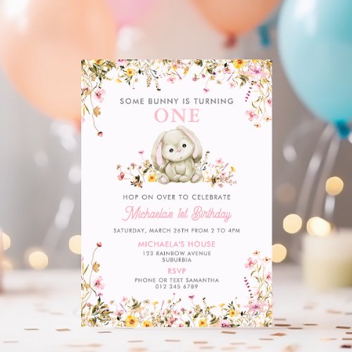 Some Bunny Is Turning One Pink Girls 1st Birthday Invitation