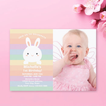 Some Bunny Is Turning One Rainbow Birthday Photo Invitation by littleteapotdesigns at Zazzle