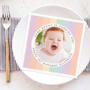 Some Bunny is Turning One Rainbow Birthday Photo Napkins