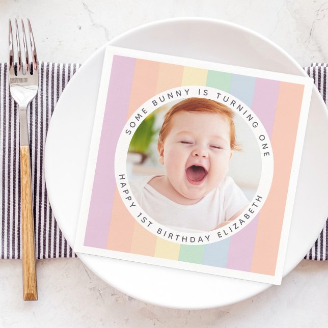Some Bunny is Turning One Rainbow Birthday Photo Napkins (Creator Uploaded)