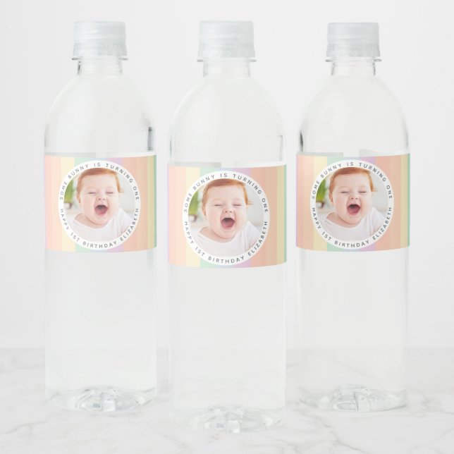 Some Bunny is Turning One Rainbow Birthday Photo Water Bottle Label (Bottles)