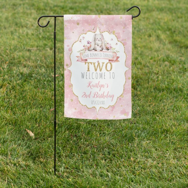 Some Bunny is Turning Two 2nd Birthday Welcome Garden Flag (In SItu)