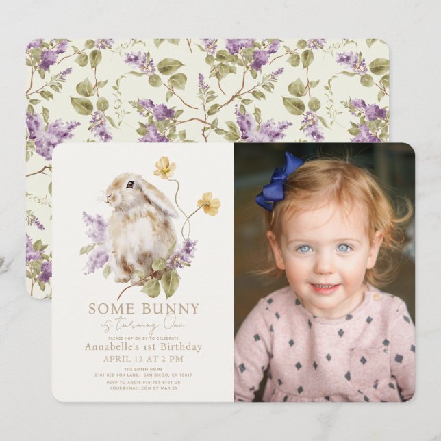 Some Bunny Lop Purple Lilac Photo 1st Birthday Invitation (Front/Back)