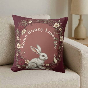 Some Bunny Loves Me Cottagecore Burgundy Easter Throw Pillow