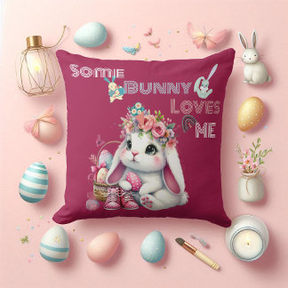 Some Bunny Loves Me Whimsical Spring Basket Custom Throw Pillow