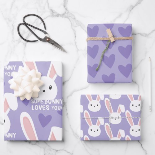 Some bunny loves you Cute hearts Purple Valentine  Wrapping Paper Sheets