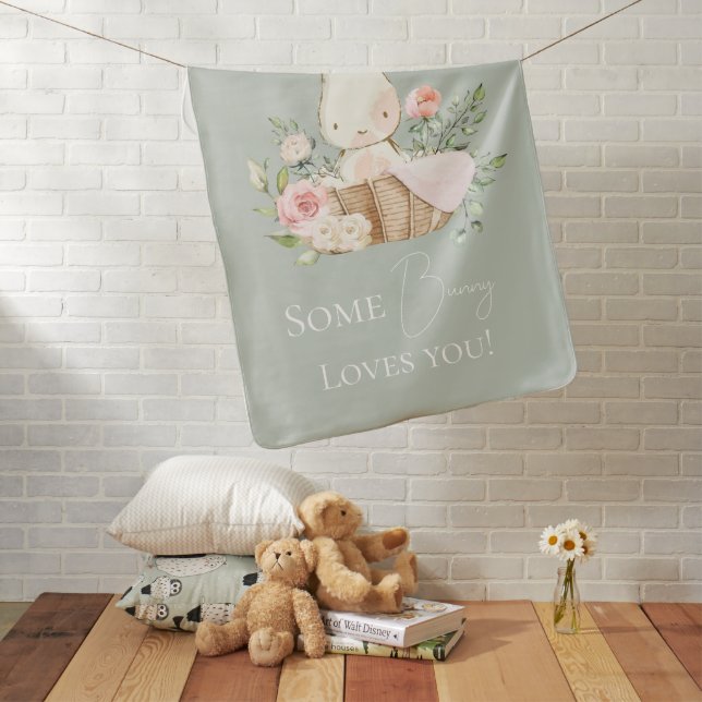 Some Bunny Loves You Sage Green Rabbit Baby Blanket (In Situ)