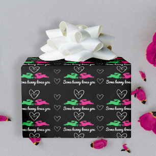 Some Bunny  Modern Cute Black Pink Green Cartoon Wrapping Paper