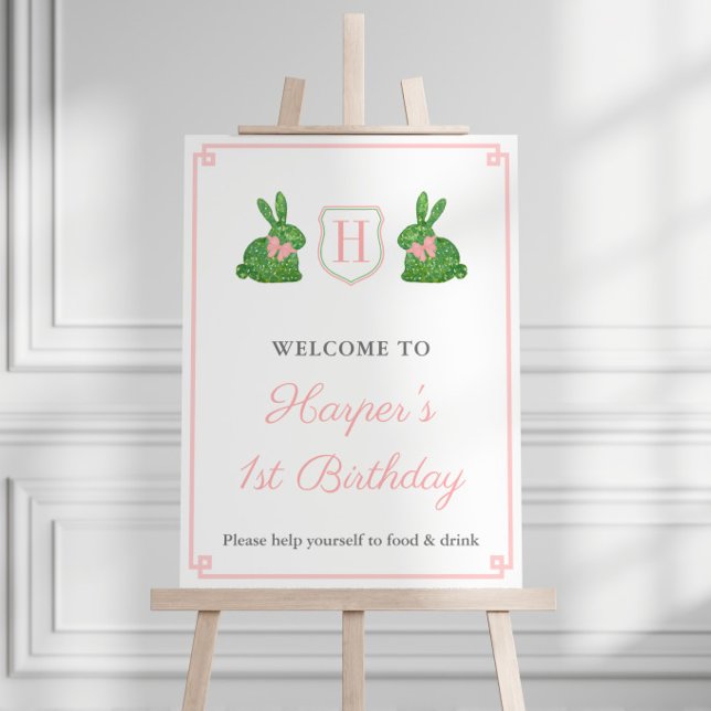 Some Bunny Monogram Girl Birthday Party Welcome Foam Board (Preppy Some Bunny monogram girl 1st birthday party or baby shower welcome sign)