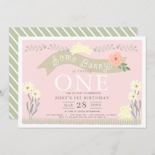 Some Bunny Pastel Pink GIrl 1st Birthday Invitation