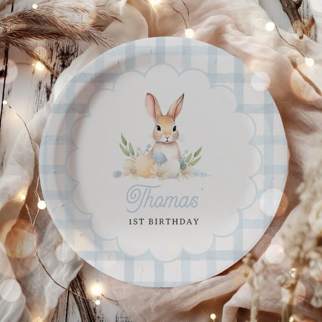 Some Bunny Pastel Spring Blue Gingham 1st Birthday Paper Plates (Creator Uploaded)