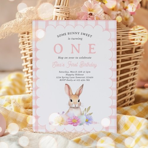 Some Bunny Pastel Spring Pink Gingham 1st Birthday Invitation